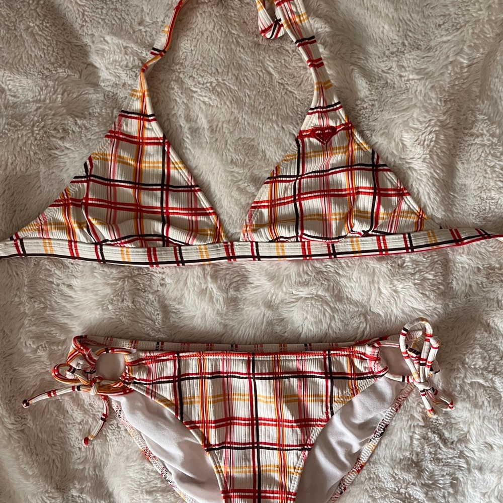 Plaid Roxy S swim top and bottom
